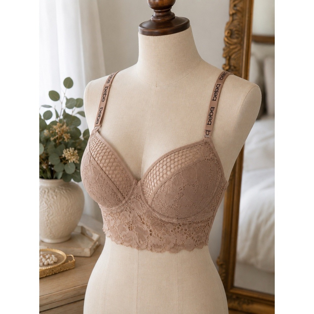 Bebe 38C Nude Longline Lace Underwire Bra Logo Straps Padded Molded Cup